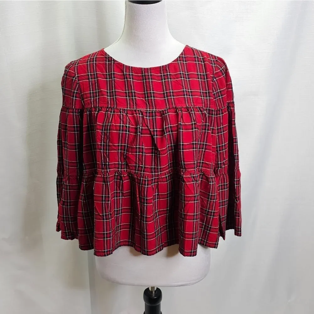 Madewell Red Plaid Tiered Button Back Swing Top Size Small